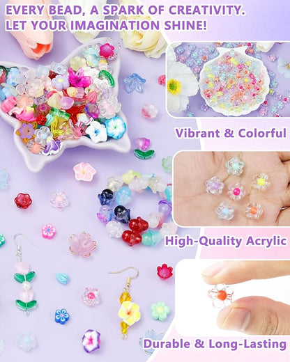 FIVEIZERO 300PCS Acrylic Flower Beads, Colorful Transparent Bead Charms for DIY Bracelets, Necklaces & Jewelry Craft Supplies