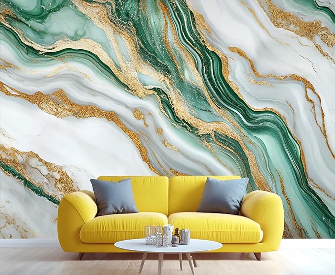 Green Gold Marble Wall Mural, Elegant Marble 3D Wall Murals, Luxury Stone Texture Wallpaper Mural, for Living Room Bedroom Large Wallpaper Indoor Decor 98.4" W x68.9 H