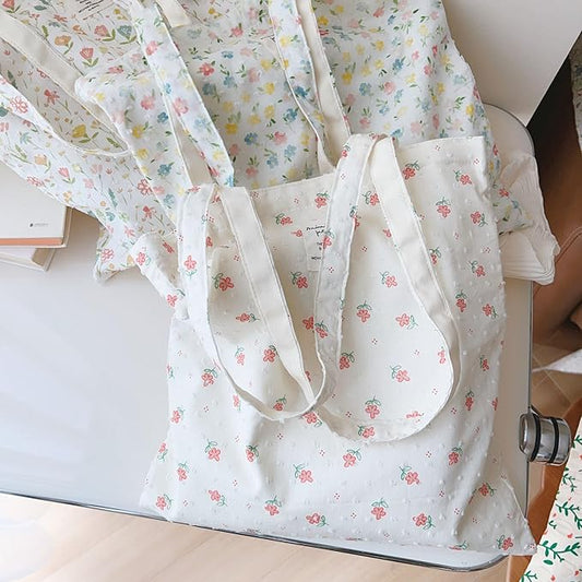 Cotton Canvas Tote Bag Reusable Soft Grocery Cloth Bag Floral Shoulder Bag for Beach Travel Shopping