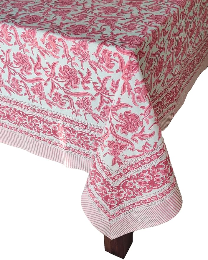 ATOSII Red Bloom 100% Cotton Tablecloth, Handblock Print Rectangle Table Cover for Kitchen Dining I Tabletop Linen I Parties, Wedding, Spring Summer Table Cloth 60 X 90 Inches