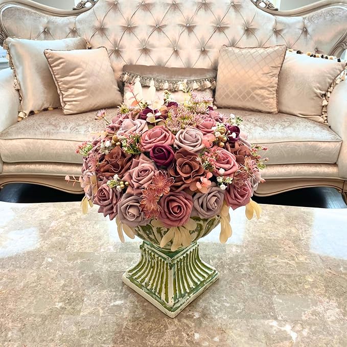 ASTRYAS 39PCS Dusty Rose Artificial Flowers Combo Box Set Fake Roses Flowers Burgundy Brown Faux Flower with Stem for DIY Wedding Bridal Bouquet Table Centerpieces Floral Arrangement Home Decor