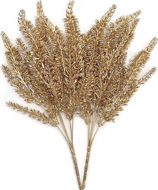 PASYOU Christmas Artificial Plants Decoration, Plastic Grass Faux Shrubs Simulation Wheat Ears Leaves Indoor Outdoor Home Garden Planter Filler Party Hotel Verandah Wedding DIY Decor - Gold 2 Pack