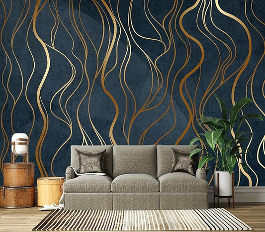 Eierme-Abstract Luxury Golden Wallpaper Wavy line Art Background Dynamic Ribbons 160" x 114"