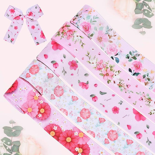 Floral Grosgrain Ribbon, 5 Rolls Flower Pattern Ribbon Spring Summer Fabric Decorative Craft Ribbon Roll for Gift Wrapping Decor Hair Bow Sewing Wreath Crafts (Pink Floral, 2.5Inch X 20Yards)