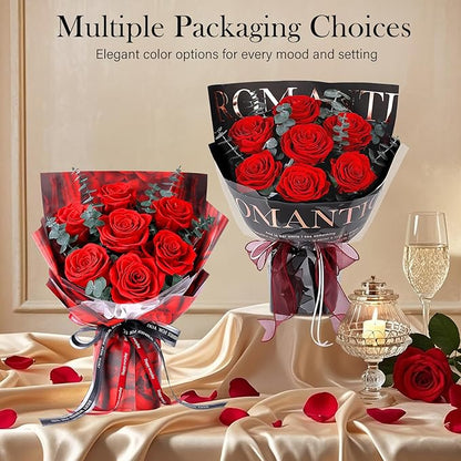 Preserved Flowers Bouquet 7 Roses - Red Real Rose & Flowers for Delivery, Long-Lasting Flower with Gift Box, Eternal Roses Bouquet for Mothers, Mom, Wife, Anniversary Birthday Gifts for Women, Black