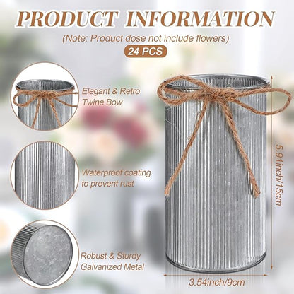 Domensi 5.91 in High Farmhouse Vase Decor Galvanized Metal Flower Vase with Twine Bow Vintage Rustic Tin Flower Buckets for Artificial Floral Table Container DIY(Iron Color,24 Pcs)