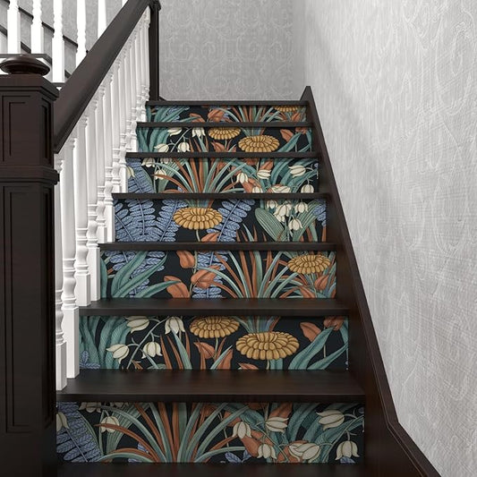 Boho Floral Peel and Stick Wallpaper Vintage Botanical Wallpaper, Self Adhesive Wall Mural 17.5" x 118" Tropical Rainforest Wall Paper for Bedroom Walls Cabinet (Black, Orange, Blue)