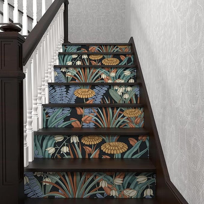 Boho Floral Wallpaper Peel and Stick, Vintage Botanical Wall Paper, Self Adhesive Wall Mural 17.5" x 78.7" Tropical Retro Contact Paper Waterproof for Bedroom Walls Cabinet (Black, Orange, Blue)