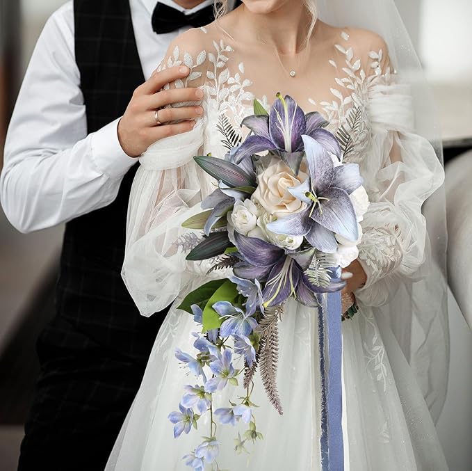 Bridal Bouquet,12 Inch Cascading Wedding Bouquets Bride Bouquets for Wedding Ceremony and Anniversary(Blue)
