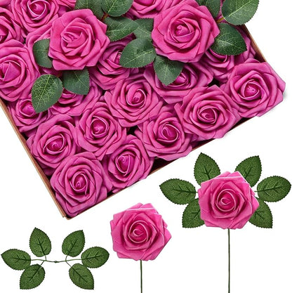 InnoGear Artificial Flowers, 50 Pcs Fuchsia Rose Foam Red-Violet Fake Roses Bulk with Stems for Decoration DIY Wedding Bouquets Centerpieces Bridal Shower Party Christmas Tree