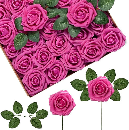 InnoGear Artificial Flowers, 50 Pcs Fuchsia Rose Foam Red-Violet Fake Roses Bulk with Stems for Decoration DIY Wedding Bouquets Centerpieces Bridal Shower Party Christmas Tree