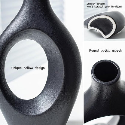 XL Black and Beige Snuggle Hollow Ceramic Vase of 2 for Coffee Table Decor, Modern Minimalist Aesthetic Donut Floral Vases, for Home Living Room Entryway Table Shelves Decorative (W 6.8" X H 11")