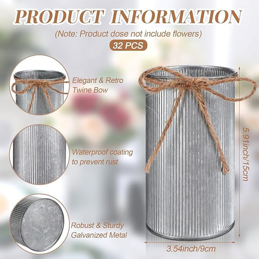 Domensi 5.91 in High Farmhouse Vase Decor Galvanized Metal Flower Vase with Twine Bow Vintage Rustic Tin Flower Buckets for Artificial Floral Table Container DIY(Iron Color,32 Pcs)