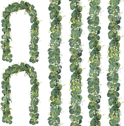 CQURE 6 Pack 5.9Ft Eucalyptus Garland,Artificial Eucalyptus Flowers Leaves Table Greenery Garland Wreath Vines for Wedding Party Table Bedroom Wall Decor