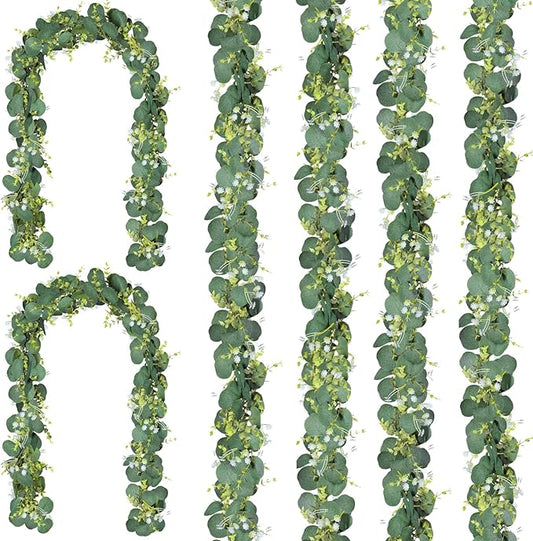 CQURE 6 Pack 5.9Ft Eucalyptus Garland,Artificial Eucalyptus Flowers Leaves Table Greenery Garland Wreath Vines for Wedding Party Table Bedroom Wall Decor