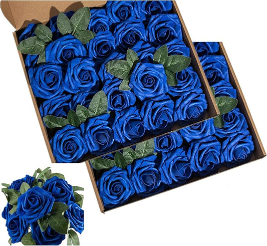 Royal Blue Rose 50pcs Foam Rose Real Looking Fake Rose with Stems Leaves for Home Decoration Party Garden Centerpieces DIY Wedding Bouquets（Royal Blue）