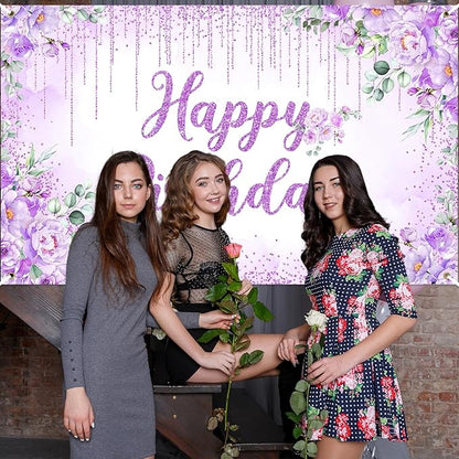 Avezano Happy Birthday Backdrop Banner for Girls Women Happy Birthday Party Decorations Floral Glitters Bday Banner Party Supplies (Purple, 6x3.6ft)