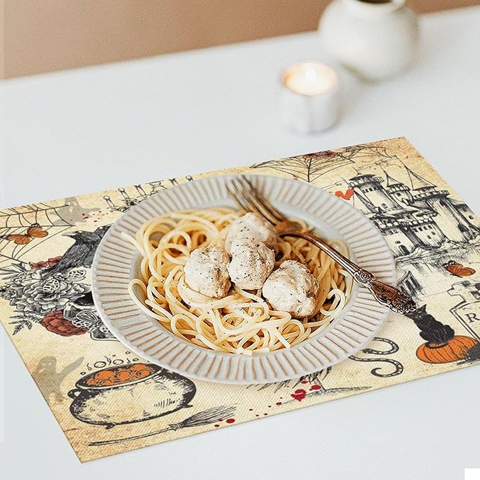 Halloween Placemats Vintage Rustic Farmhouse Gothic Dark Castle Halloween Witch Pumpkin Black Cat Raven Skull Moths Placemats Table Kitchen Dining Party 12x18 Inch Set of 4