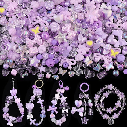Assorted Acrylic Beads, 200-260PCS Purple Cute Beads for Bracelet Making, GummyBear Bow Flower Candy Kawaii Charms for Jewelry Making DIY Necklace Keychain Phone Charm Christmas Gift