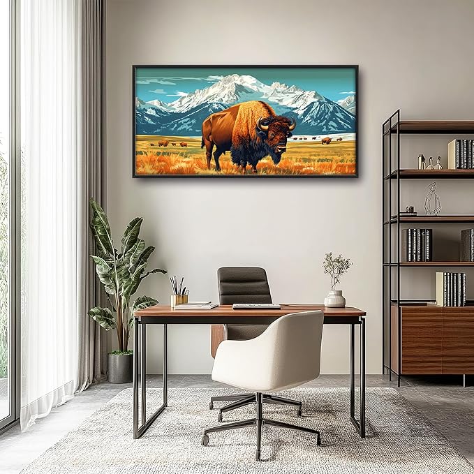 Bison Cow Large Decor Framed Wall Art Western Mountain Pictures for Living Room, Animal Oversized Canvas Print Painting Modern Extra Large Framed Artwork for Bedroom Office Home Decor 60"x30"