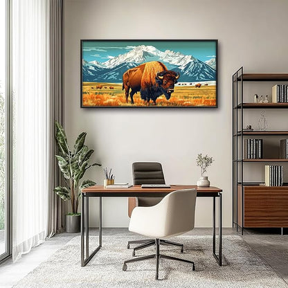 Bison Cow Large Decor Framed Wall Art Western Mountain Pictures for Living Room, Animal Oversized Canvas Print Painting Modern Extra Large Framed Artwork for Bedroom Office Home Decor 60"x30"