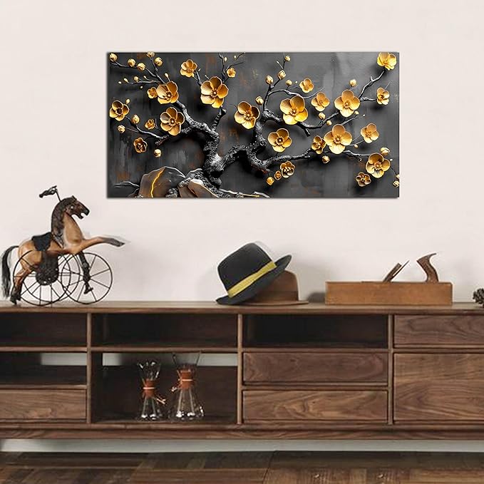 Large Canvas Wall Art for Living Room Bedroom Home Office Grey and Gold Metal Color Plum Blossom Picture Modern Canvas Prints Framed Wall Decor Size 20x40