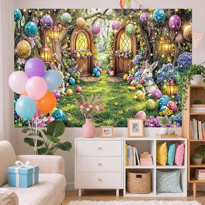 10X8ft Enchanted Forest Easter Backdrop Fairy Tale Rabbit Magic Garden Easter Egg Wonderland Floral Photography Background for Kids Girls Party Decoration Cake Table Photo Booth Props