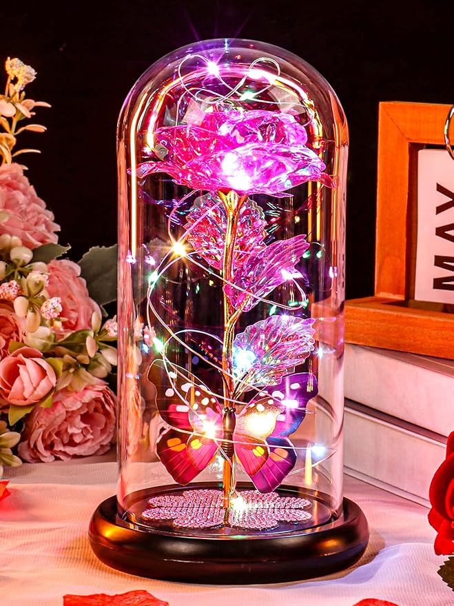 Pusuny Christmas Rose Gifts for Women Birthday Gift Galaxy Glass Rose Forever Eternal Crystal Flower Light Up Roses in Glass Dome with Butterfly Xmas Gifts for Women Mom Grandma Wife Her Sister Pink