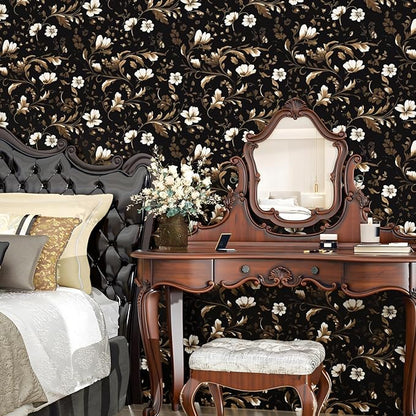 Vintage Wallpaper Peel and Stick Black Floral Wallpaper Black White Wall Paper Gold Leaf Contact Paper Waterproof Self-Adhesive Wall Covering for Bathroom Countertop Desk Cabinet 17.4" x 118"