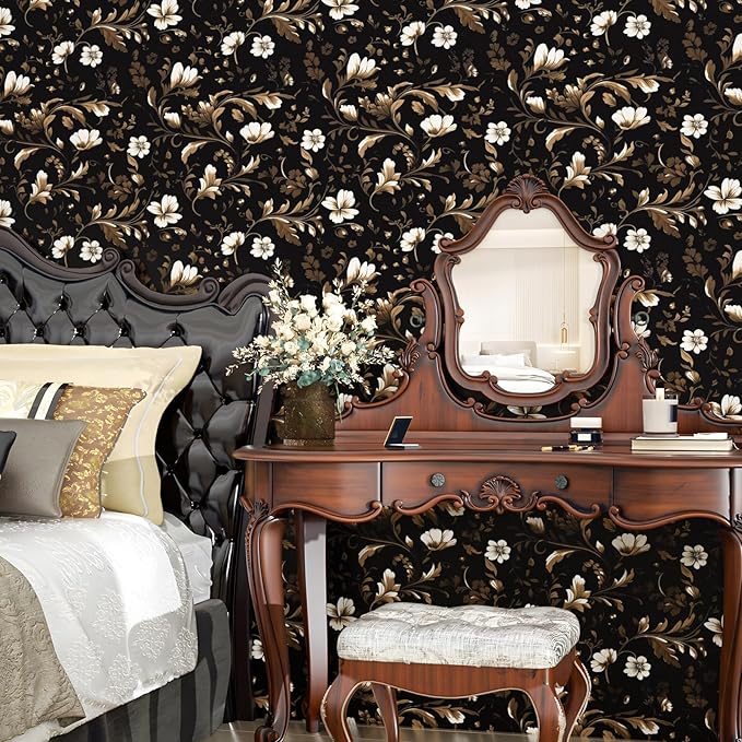 Vintage Wallpaper Peel and Stick Black Floral Wallpaper Black White Wall Paper Vintage Leaf Contact Paper Waterproof Self-Adhesive Wall Covering for Bedroom Countertop Desk Cabinet 17.4" x 393"