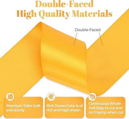 Yellow Gold Satin Ribbon, Double Faced 2 Inch X 50 Yards Yellow Gold Ribbon, Premium Satin Ribbon for Gift Wrapping, Crafts, Hair Bow Making, Sewing, Flower Bouquet, Wedding Party Decor