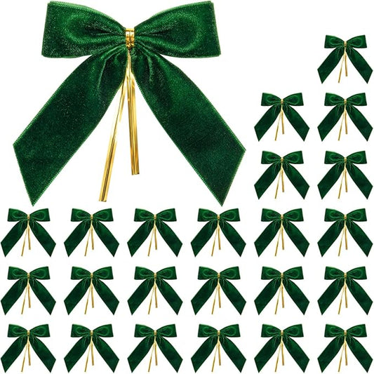 WRAPAHOLIC 24 Pcs Small Green Velvet Christmas Bows - Green Twist Tie Bows for Christmas Tree, Wreath, Gift Wrapping, Wedding, Crafts, Home Decor - 3.5 x 3.5 inch
