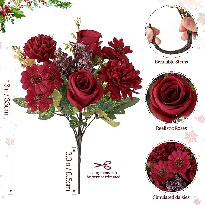 Dremisland Artificial Christmas Flowers Like Real Artificial Bouquet 2 Packs Silk Artificial Roses Bouquet with Daisy Chrysanthemum Burgundy Flowers for Christmas Centerpiece Table Home Decor