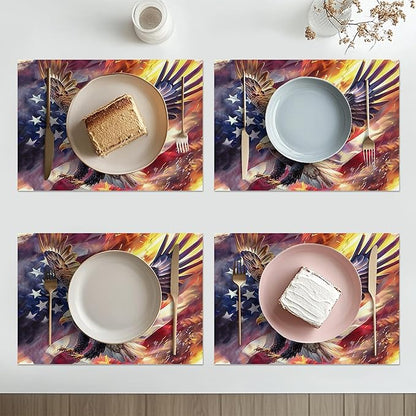American Flag Placemats Set of 4 Washable Table Bald Eagle Heat-Resistant Cotton Linen Place Mats for Dining Table Kitchen Indoor Outdoor Party Holiday Decor