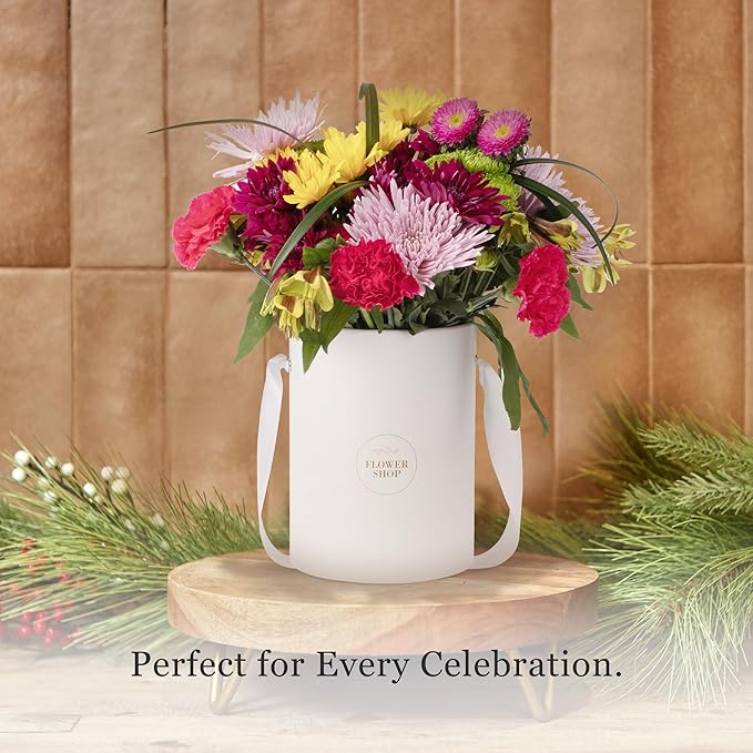 4 Flower Bouquet Hat Boxes | 2 Per Size Round Floral Arrangement Vase | Satin Ribbon Handle & Waterproof Liner | Gift Box for Flowers with Lids | Black