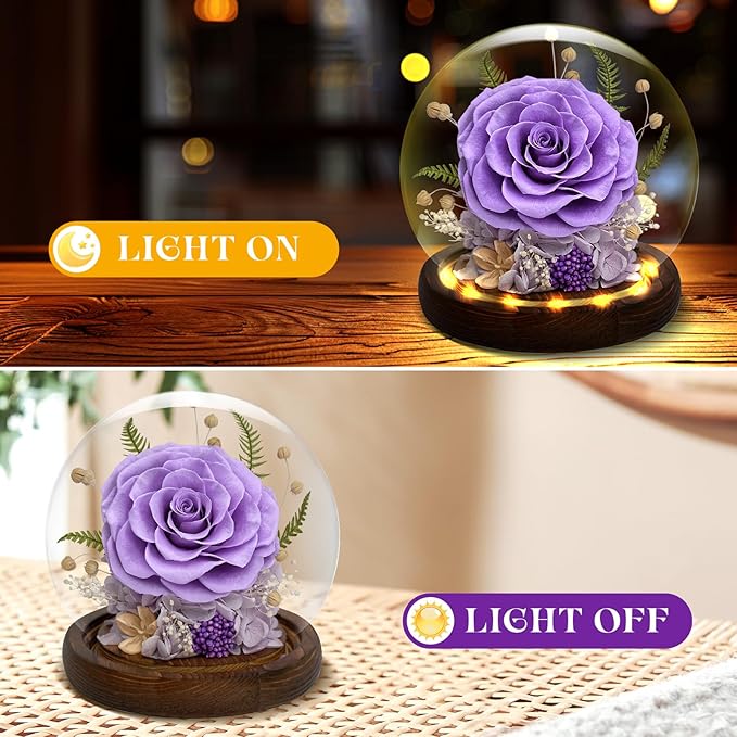Preserved Rose Forever Flower in Glass - Birthday Gifts for Women Mom, Real Flowers for Delivery Prime | Rose Gift for Grandma Wife Sister Friend (Purple)