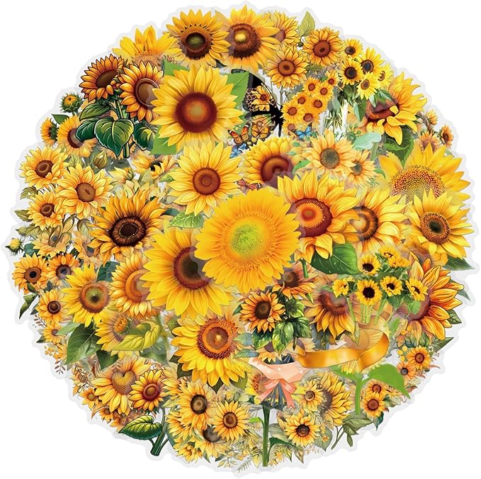 60 Pcs Sunflower Stickers, Transparent Waterproof Vinyl Decals, Aesthetic Floral Stickers for Journaling, Scrapbooking, Laptop, Water Bottle, Phone Case, Summer & Happy Theme Decoration