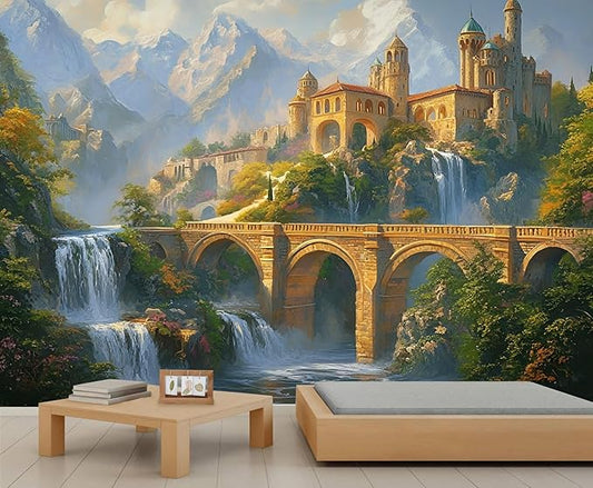 Fantasy Castle Wall Mural, Magical Waterfall Landscape 3D Wall Murals, Royal Palace Wallpaper Mural, for Living Room Bedroom Large Wallpaper Indoor Decor 98.4" W x68.9 H