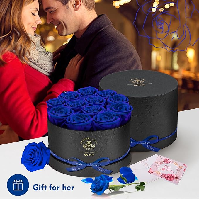 Forever Flowers,12 Roses in A Box，Real Preserved Roses，Birthday Gift for Women,Mother's Day, Anniversary - Blue Rose