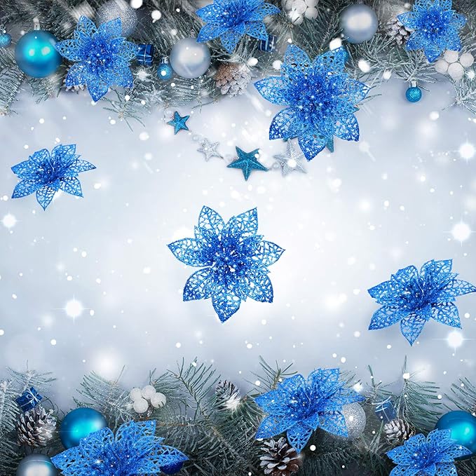 Boao Blue 24 Pieces Poinsettia Flower Christmas Glitter Artificial Poinsettia with Clips Christmas Tree Ornament Decorations for DIY Xmas Wreath Holiday Home Party Decor, 3/4/6 Inches
