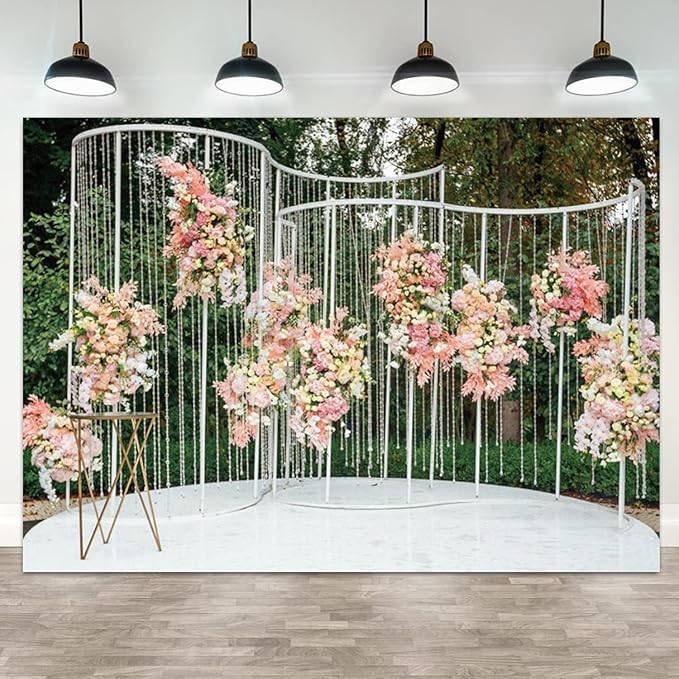 6x4ft Pink Floral Backdrop Green Leaves White Flowers Romantic Wedding Photography Background Natural Theme Birthday Banner Decorations Newborn Baby Shower Portrait Photo Booth Prop
