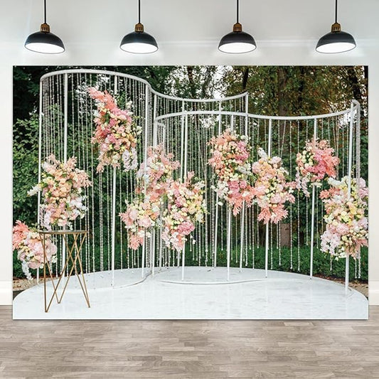 5x3ft Pink Floral Backdrop Green Leaves White Flowers Romantic Wedding Photography Background Natural Theme Birthday Banner Decorations Newborn Baby Shower Portrait Photo Booth Prop
