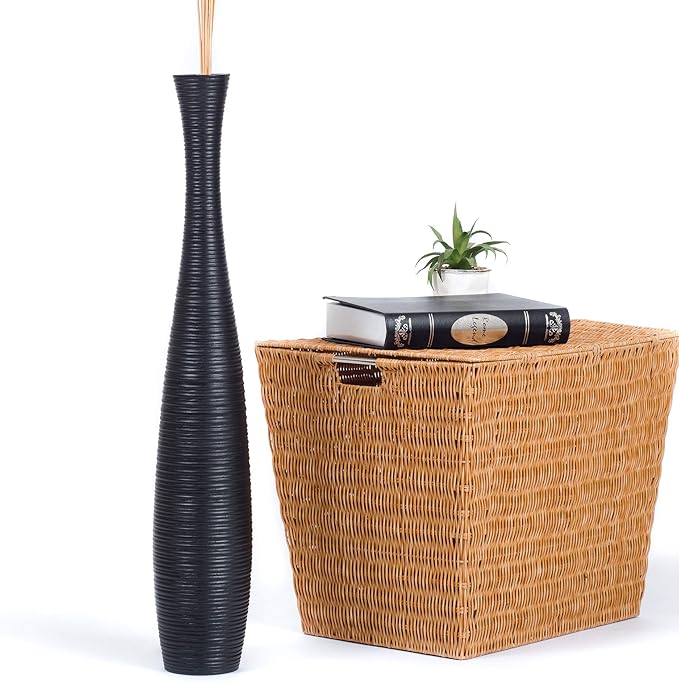 Leewadee Large Black Home Decor Floor Vase - Wooden 26 inch Tall Farmhouse Decor Flower Holder for Fake Plant and Pampas Grass