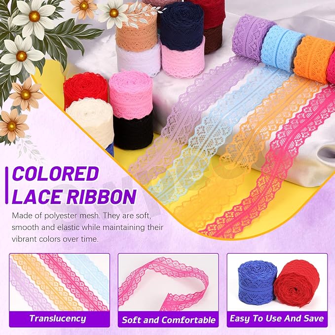 Swpeet 20 Rolls in Total 200 Yards 3cm×10 Yards Colorful Lace Ribbon Floral Pattern Fabric Bilateral Lace Ribbon, Vintage Lacing Trim Ribbons, Crafting Lacing for Decorating, Gift Wrapping, Wedding