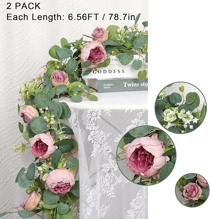 SOMYTING 2 Pack 13FT Flower Garland, Artificial Rose Vine Fake Flower Garland Silk Rose Peony Hanging Vine Faux Floral Garlands for Wedding Party Arch Table Wall Backdrop Decoration (Vintage Pink)