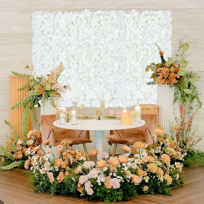 White Flower Wall Panels Backdrop with Green: Wedding Artificial Flower Wall Backdrop 3.75ft by 5ft Hydrangea Floral Wall for Anniversary Graduation Party Decoration (12 Pcs 15 x 15 Inch)