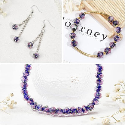 PH PandaHall 60pcs 8~10mm Midnight Blue Rose Lampwork Beads Gold Sand Glass Beads 2mm Hole Flower Glass Beads Floral Handmade Lampwork Beads Round Loose Beads for Rosary Making Jewelry Craft Making