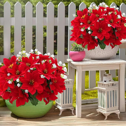 12 Bunches Poinsettias Artificial Christmas Flowers for Outdoors,14'' Fake Red Poinsettias Faux Eucalyptus Plants UV Resistant for Home Planters Garden Porch Christmas Winter Spring Décor