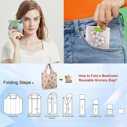 BeeGreen Flower Reusable Shopping Bags Cute Grocery Bag 6 Pack, Christmas Gift Bags Heavy-Duty Foldable Shopping Totes for Supermarket, Work & Travel, Large Washable Polyester Tote Bag with Handles