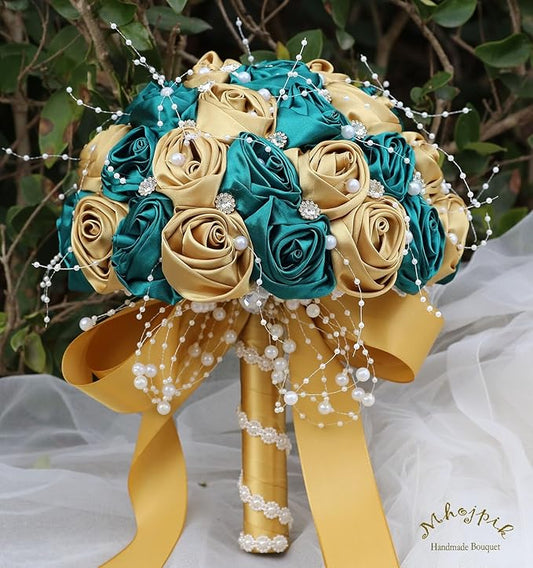 Bridal Wedding Bouquet Round Bling Brooch Bouquet Throw Toss Artificial Rose Flower Bunch for Bride Bridesmaid Wedding Quinceanera(Dark Green & Gold, 9.8")